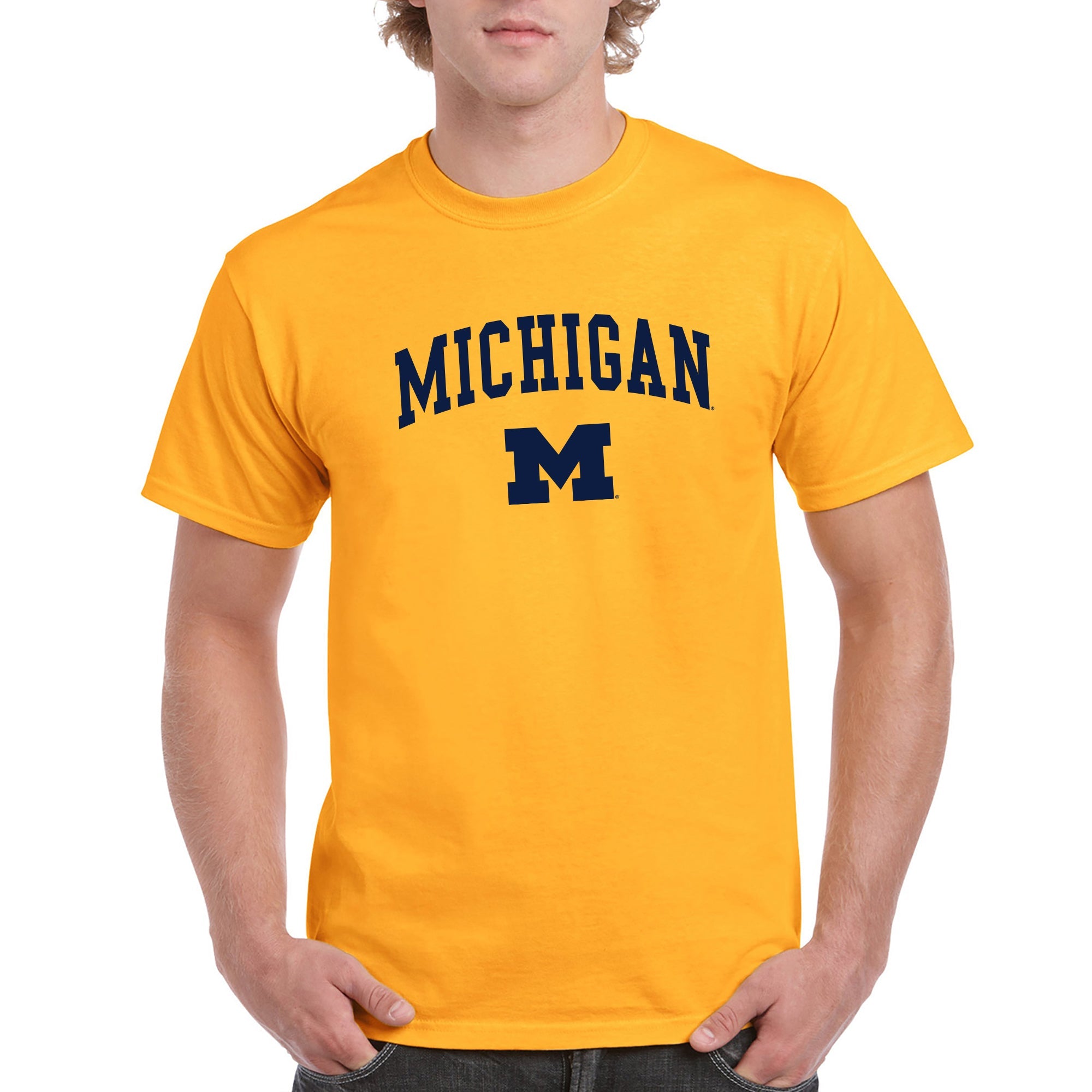 Officially Licensed - Arch Logo University of Michigan Basic Cotton Short Sleeve T Shirt - Gold