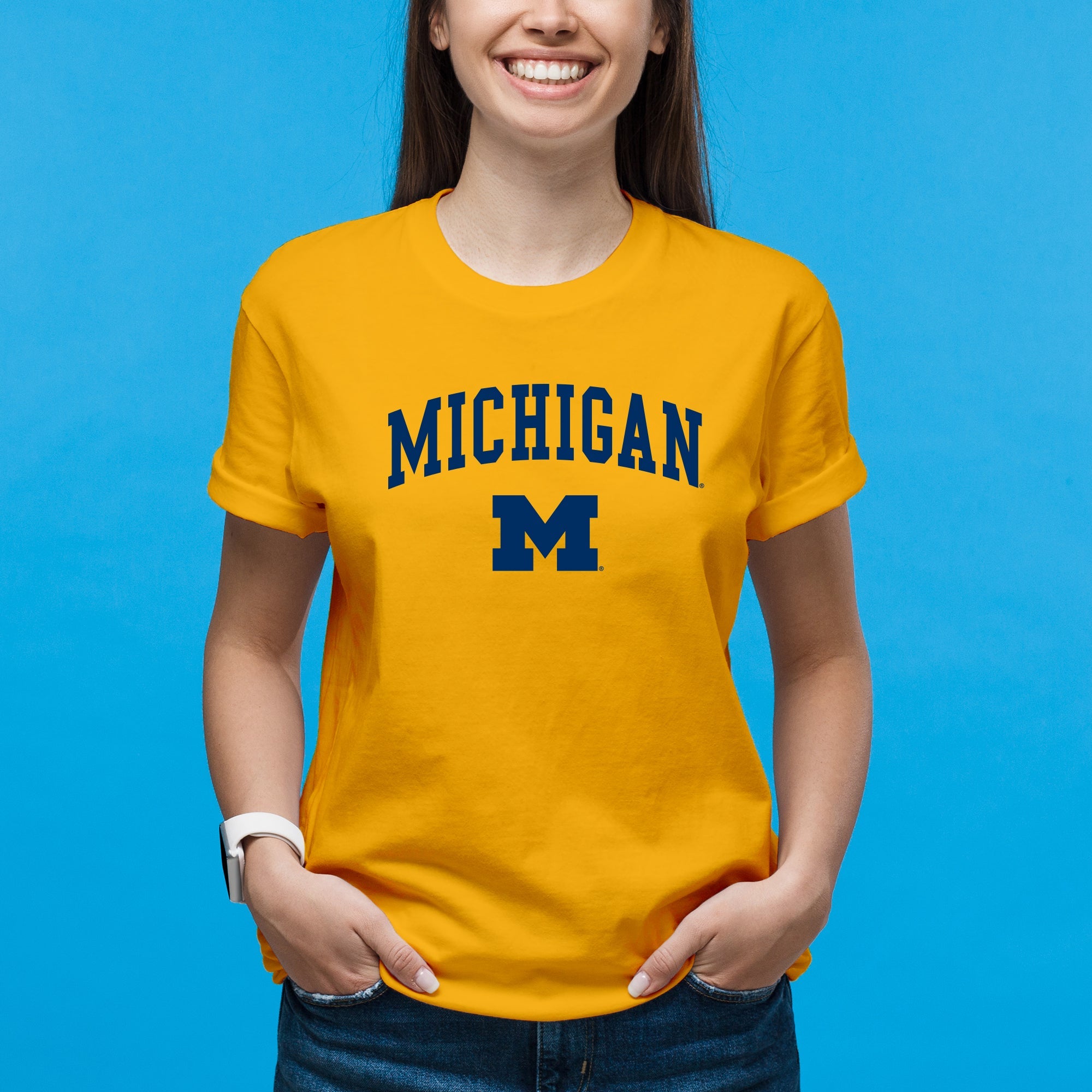 Officially Licensed - Arch Logo University of Michigan Basic Cotton Short Sleeve T Shirt - Gold